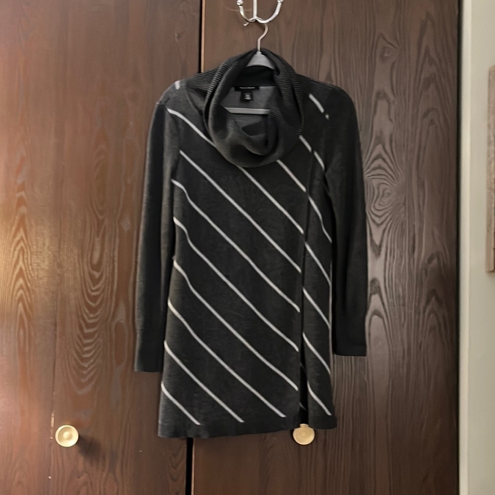 White House Black Market gray with white strip long sleeved long sweater. Size S